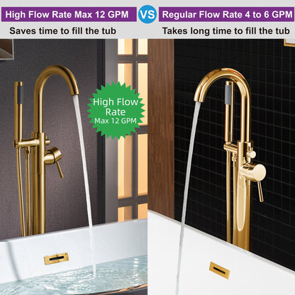 WOODBRIDGE F0023BNRD Contemporary Single Handle Floor Mount Freestanding Tub Filler Faucet with Cylinder Shape Hand shower