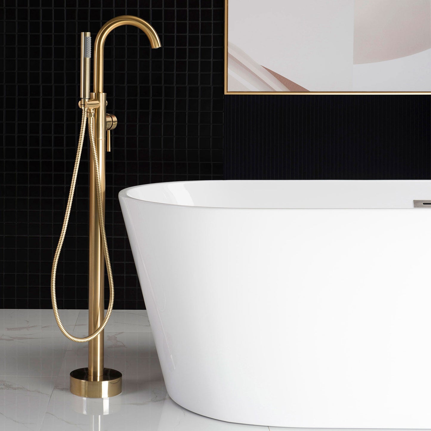 WOODBRIDGE F0023BNRD Contemporary Single Handle Floor Mount Freestanding Tub Filler Faucet with Cylinder Shape Hand shower