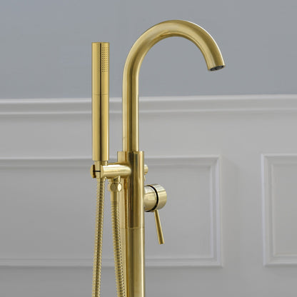 WOODBRIDGE F0023BNDR Contemporary Single Handle Floor Mount Freestanding Tub Filler Faucet with 2 Function Cylinder Style Hand Shower