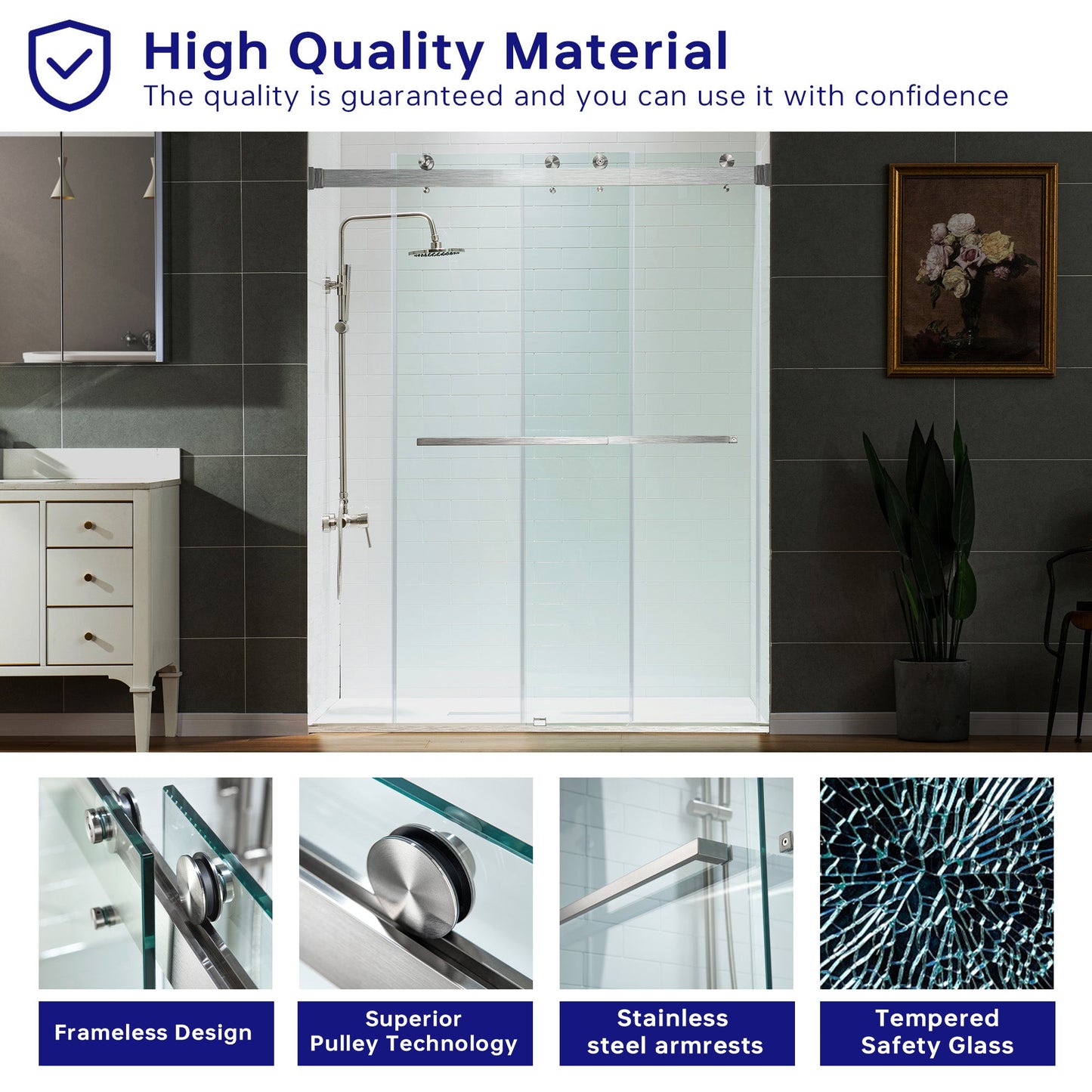WOODBRIDGE Frameless Shower Doors 56-60" Width x 76" Height with 5/16"(8mm) Clear Tempered Glass, Double Sliding with Side Seal Strips