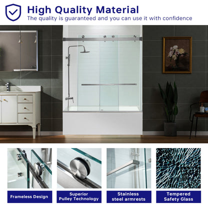 WOODBRIDGE Frameless Bathtub Shower Doors 56-60" Width x 66" Height with 5/16"(8mm) Clear Tempered Glass, Double Sliding with Side Seal Strips