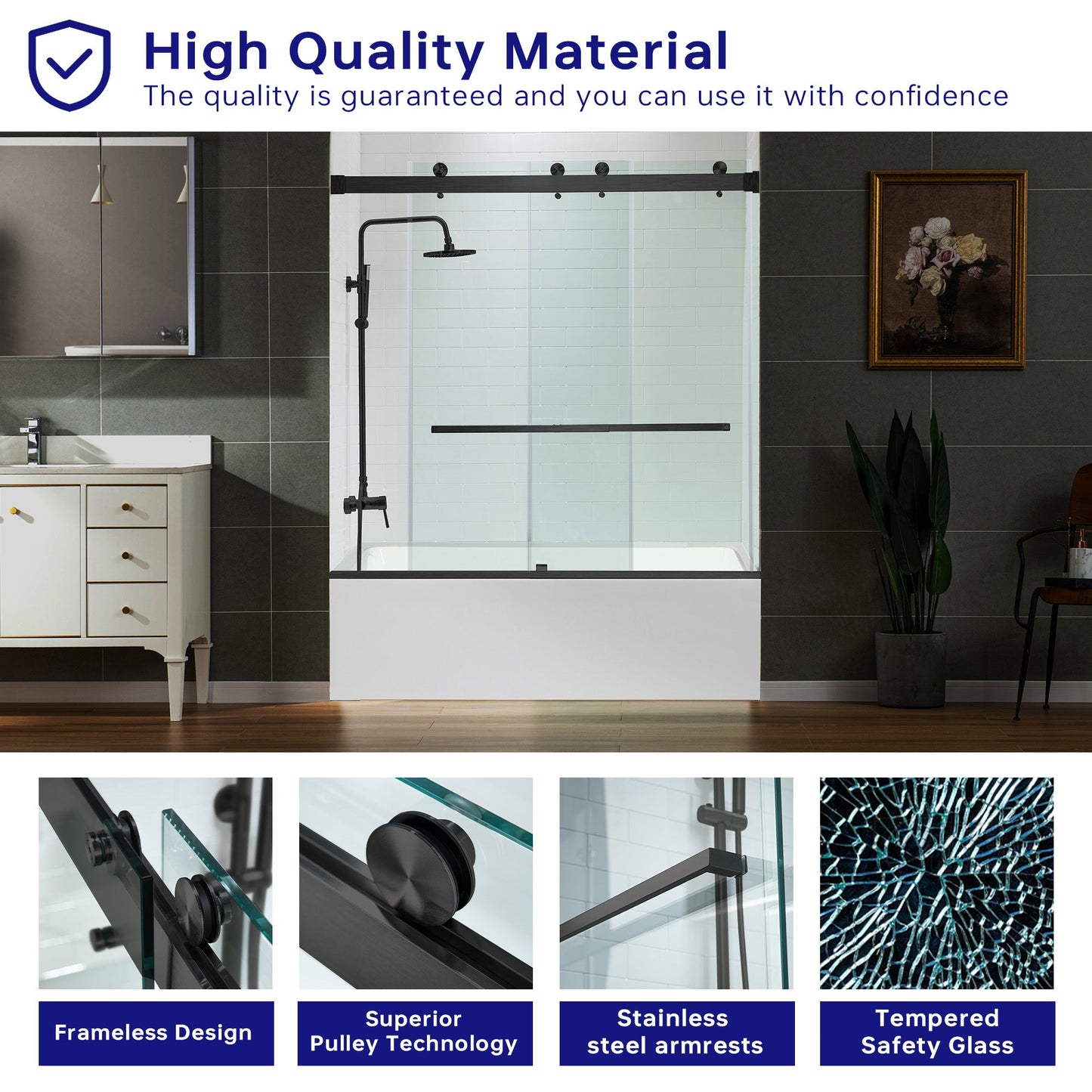 WOODBRIDGE Frameless Bathtub Shower Doors 56-60" Width x 66" Height with 5/16"(8mm) Clear Tempered Glass, Double Sliding with Side Seal Strips