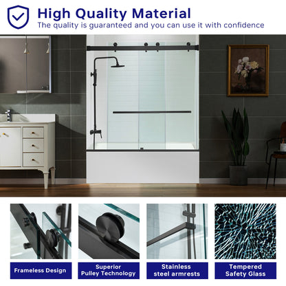 WOODBRIDGE Frameless Bathtub Shower Doors 56-60" Width x 66" Height with 5/16"(8mm) Clear Tempered Glass, Double Sliding with Side Seal Strips