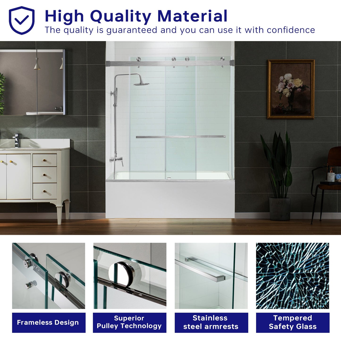 WOODBRIDGE Frameless Bathtub Shower Doors 56-60" Width x 66" Height with 5/16"(8mm) Clear Tempered Glass, Double Sliding with Side Seal Strips