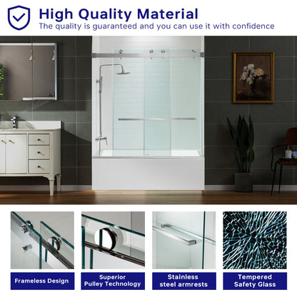 WOODBRIDGE Frameless Bathtub Shower Doors 56-60" Width x 66" Height with 5/16"(8mm) Clear Tempered Glass, Double Sliding with Side Seal Strips