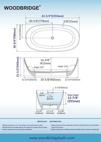 WOODBRIDGE 61-1/4" L x 30-3/4" W Stone Resin Luxury Contemporary Solid Surface Freestanding Soaking Bathtub