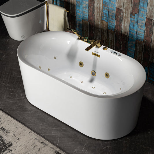 WOODBRIDGE 59" x 31-1/2" Whirlpool and Air Bath Heated Soaking Combination Tub with Adjustable Speed Air Blower, Faucet and Display Control Panel, Brushed Gold Finish Trim and Drain Kit