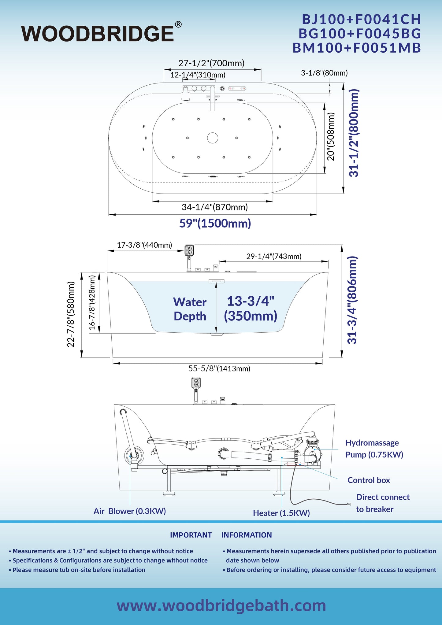 WOODBRIDGE 59" x 31-1/2" Whirlpool and Air Bath Heated Soaking Combination Tub with Adjustable Speed Air Blower, Faucet and Display Control Panel, Brushed Gold Finish Trim and Drain Kit