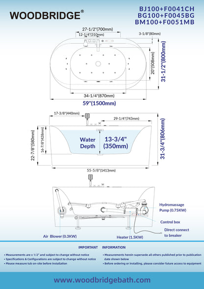 WOODBRIDGE 59" x 31-1/2" Whirlpool and Air Bath Heated Soaking Combination Tub with Adjustable Speed Air Blower, Faucet and Display Control Panel, Brushed Gold Finish Trim and Drain Kit