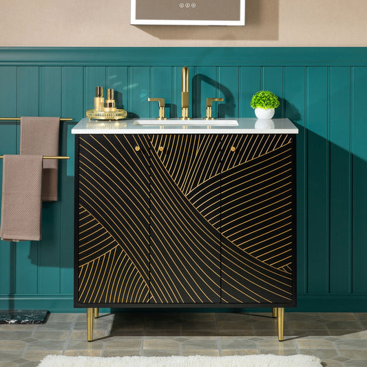 WOODBRIDGE 36" Modern Bathroom Vanity with White Engineered Stone Top, Undermount Sink & Hand-Painted Black/Gold Accents – Space-Saving Thin-Leg Design, Ideal for Small Bathrooms.