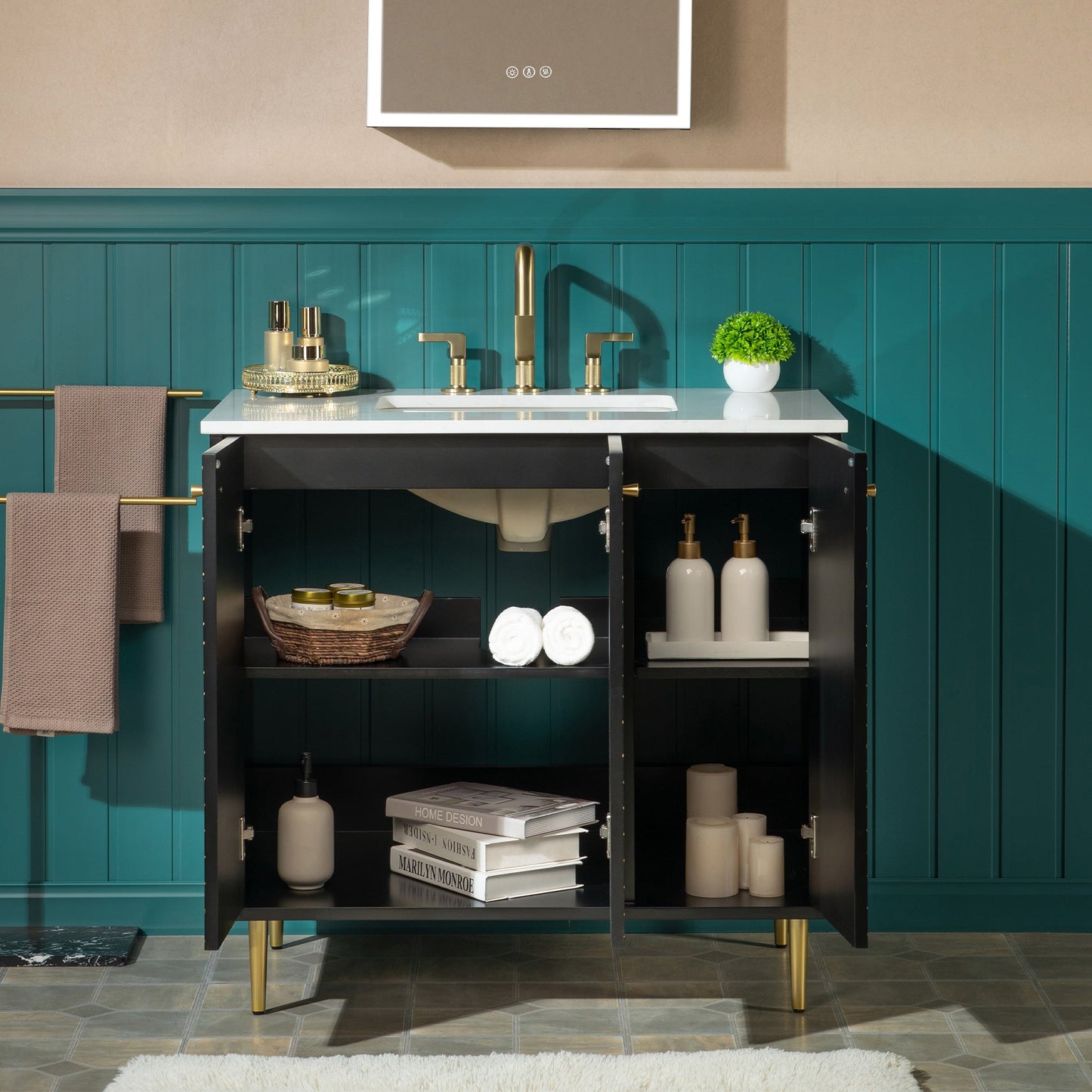 WOODBRIDGE 36" Modern Bathroom Vanity with White Engineered Stone Top, Undermount Sink & Hand-Painted Black/Gold Accents – Space-Saving Thin-Leg Design, Ideal for Small Bathrooms.