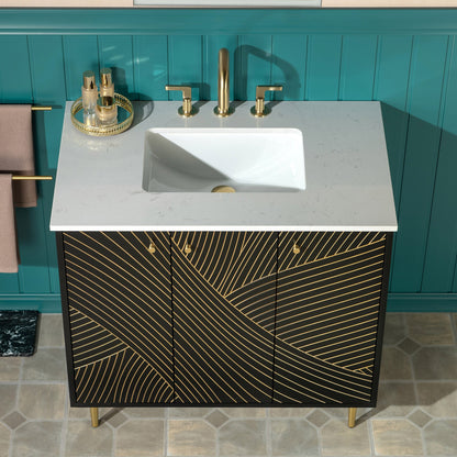 WOODBRIDGE 36" Modern Bathroom Vanity with White Engineered Stone Top, Undermount Sink & Hand-Painted Black/Gold Accents – Space-Saving Thin-Leg Design, Ideal for Small Bathrooms.