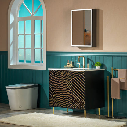 WOODBRIDGE 36" Modern Bathroom Vanity with White Engineered Stone Top, Undermount Sink & Hand-Painted Black/Gold Accents – Space-Saving Thin-Leg Design, Ideal for Small Bathrooms.