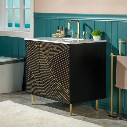 WOODBRIDGE 36" Modern Bathroom Vanity with White Engineered Stone Top, Undermount Sink & Hand-Painted Black/Gold Accents – Space-Saving Thin-Leg Design, Ideal for Small Bathrooms.