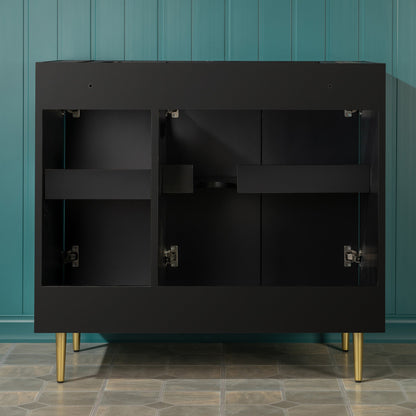 WOODBRIDGE 36" Modern Bathroom Vanity with White Engineered Stone Top, Undermount Sink & Hand-Painted Black/Gold Accents – Space-Saving Thin-Leg Design, Ideal for Small Bathrooms.