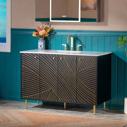 WOODBRIDGE 36" Modern Bathroom Vanity with White Engineered Stone Top, Undermount Sink & Hand-Painted Black/Gold Accents – Space-Saving Thin-Leg Design, Ideal for Small Bathrooms.