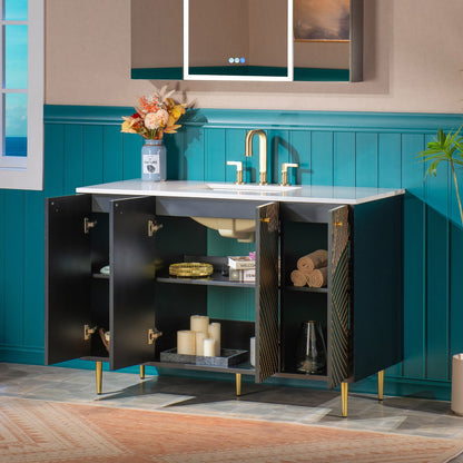 WOODBRIDGE 36" Modern Bathroom Vanity with White Engineered Stone Top, Undermount Sink & Hand-Painted Black/Gold Accents – Space-Saving Thin-Leg Design, Ideal for Small Bathrooms.