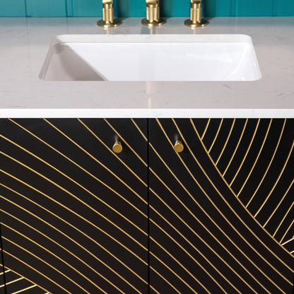 WOODBRIDGE 36" Modern Bathroom Vanity with White Engineered Stone Top, Undermount Sink & Hand-Painted Black/Gold Accents – Space-Saving Thin-Leg Design, Ideal for Small Bathrooms.