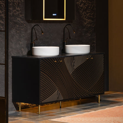 WOODBRIDGE 60" x 22" Bathroom Vanity with Double Round Ceramic Vessel Sinks & Black Engineered Stone Top – Sleek Frame, Hand-Painted Black/Gold Details, Modern Thin-Leg Design.