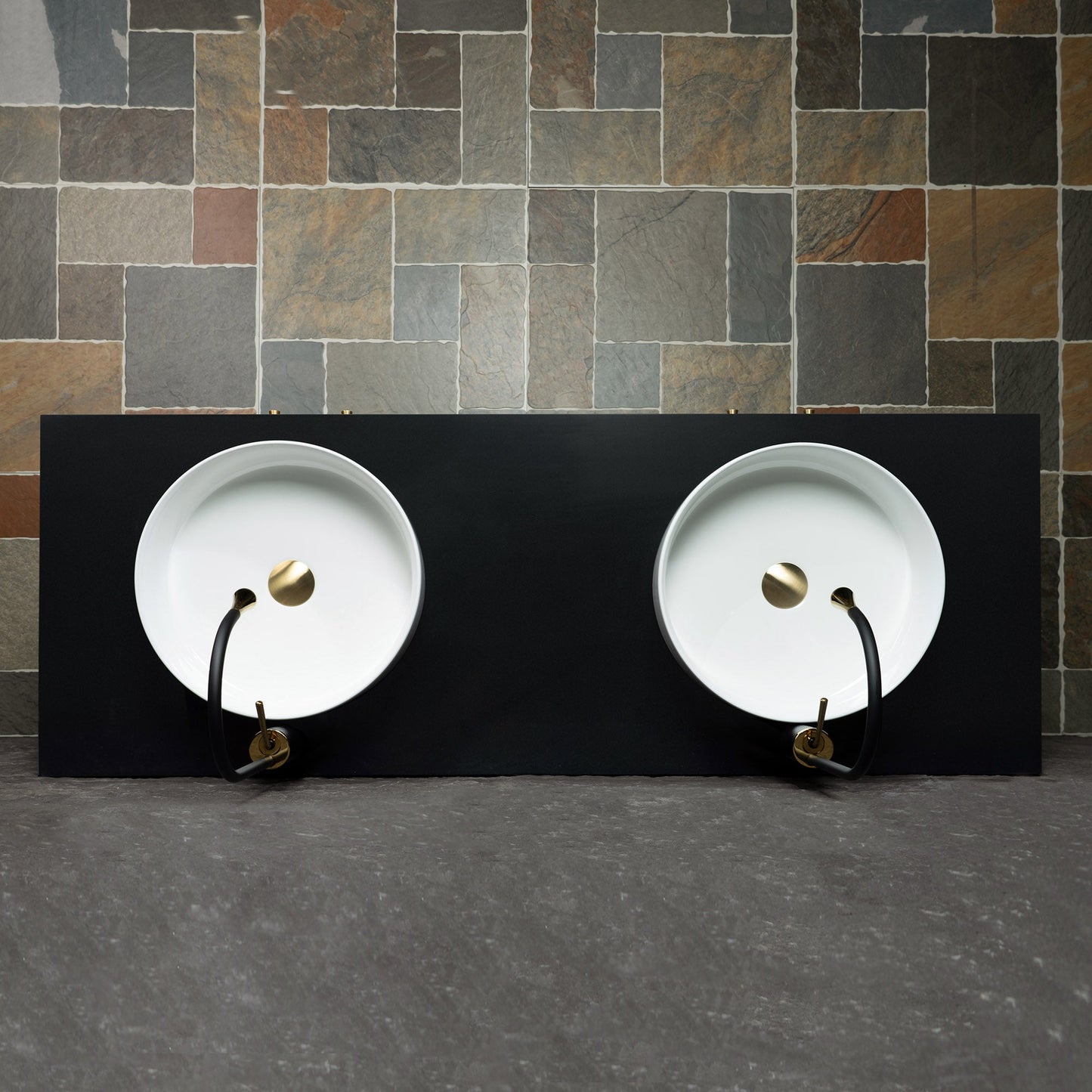 WOODBRIDGE 60" x 22" Bathroom Vanity with Double Round Ceramic Vessel Sinks & Black Engineered Stone Top – Sleek Frame, Hand-Painted Black/Gold Details, Modern Thin-Leg Design.