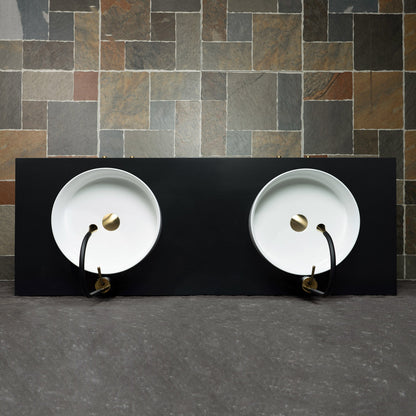WOODBRIDGE 60" x 22" Bathroom Vanity with Double Round Ceramic Vessel Sinks & Black Engineered Stone Top – Sleek Frame, Hand-Painted Black/Gold Details, Modern Thin-Leg Design.