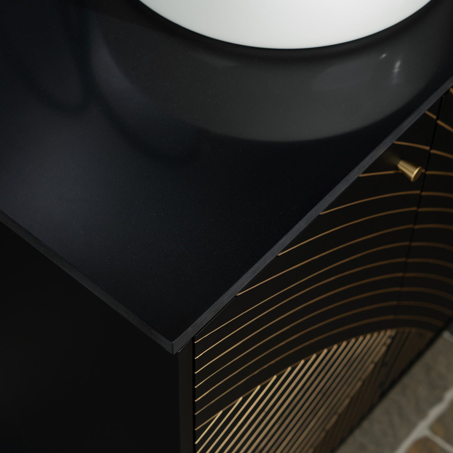 WOODBRIDGE 60" x 22" Bathroom Vanity with Double Round Ceramic Vessel Sinks & Black Engineered Stone Top – Sleek Frame, Hand-Painted Black/Gold Details, Modern Thin-Leg Design.