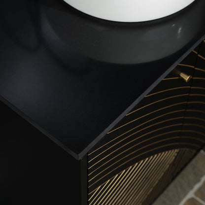 WOODBRIDGE 60" x 22" Bathroom Vanity with Double Round Ceramic Vessel Sinks & Black Engineered Stone Top – Sleek Frame, Hand-Painted Black/Gold Details, Modern Thin-Leg Design.