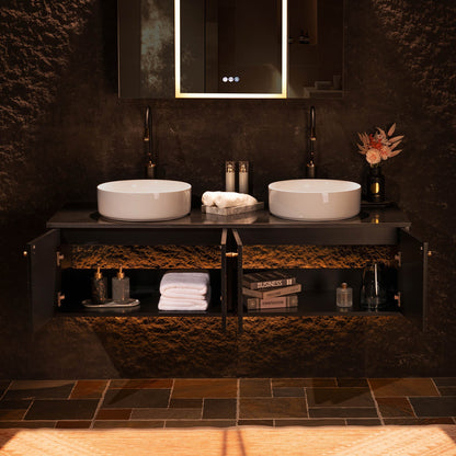 WOODBRIDGE 60" Wall Mounted Floating Bathroom Vanity – Double Ceramic Vessel Sinks, Black Engineered Stone Countertop & Hand-Painted Elegant Black/Gold Detailing, and Space-Saving Wall-Mount Style