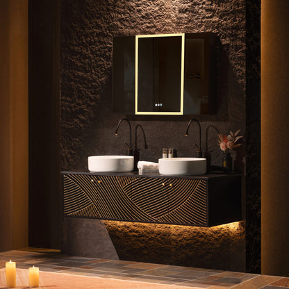 WOODBRIDGE 60" Wall Mounted Floating Bathroom Vanity – Double Ceramic Vessel Sinks, Black Engineered Stone Countertop & Hand-Painted Elegant Black/Gold Detailing, and Space-Saving Wall-Mount Style