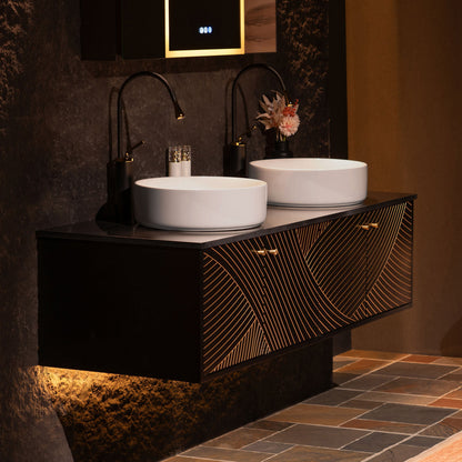 WOODBRIDGE 60" Wall Mounted Floating Bathroom Vanity – Double Ceramic Vessel Sinks, Black Engineered Stone Countertop & Hand-Painted Elegant Black/Gold Detailing, and Space-Saving Wall-Mount Style