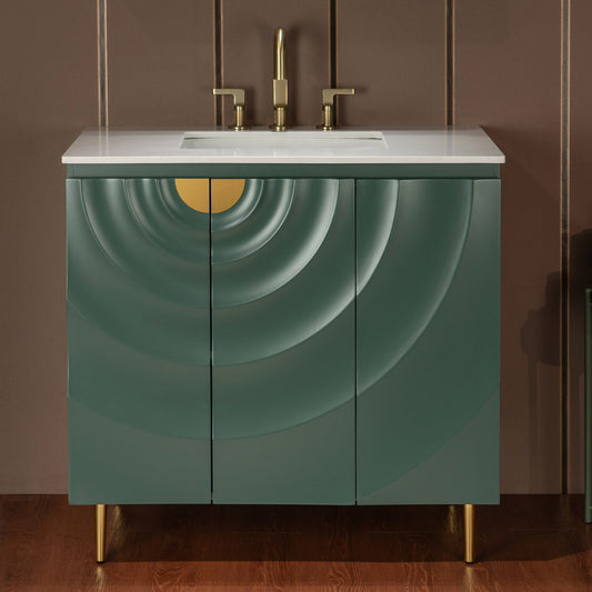 WOODBRIDGE 36"X22" Bathroom Vanity in Green with Single Ceramic Undermount Sink, White Engineered Stone Vanity Top– 3D Wave Pattern Doors, Sleek Thin-Leg Frame, Space-Saving for Modern Living