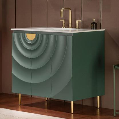 WOODBRIDGE 36"X22" Bathroom Vanity in Green with Single Ceramic Undermount Sink, White Engineered Stone Vanity Top– 3D Wave Pattern Doors, Sleek Thin-Leg Frame, Space-Saving for Modern Living