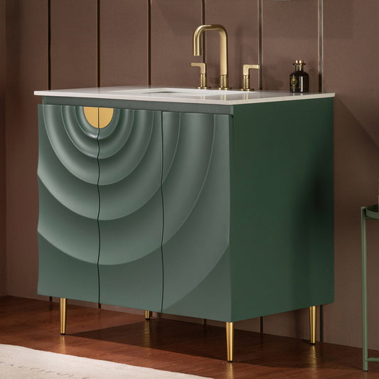 WOODBRIDGE 36"X22" Bathroom Vanity in Green with Single Ceramic Undermount Sink, White Engineered Stone Vanity Top– 3D Wave Pattern Doors, Sleek Thin-Leg Frame, Space-Saving for Modern Living