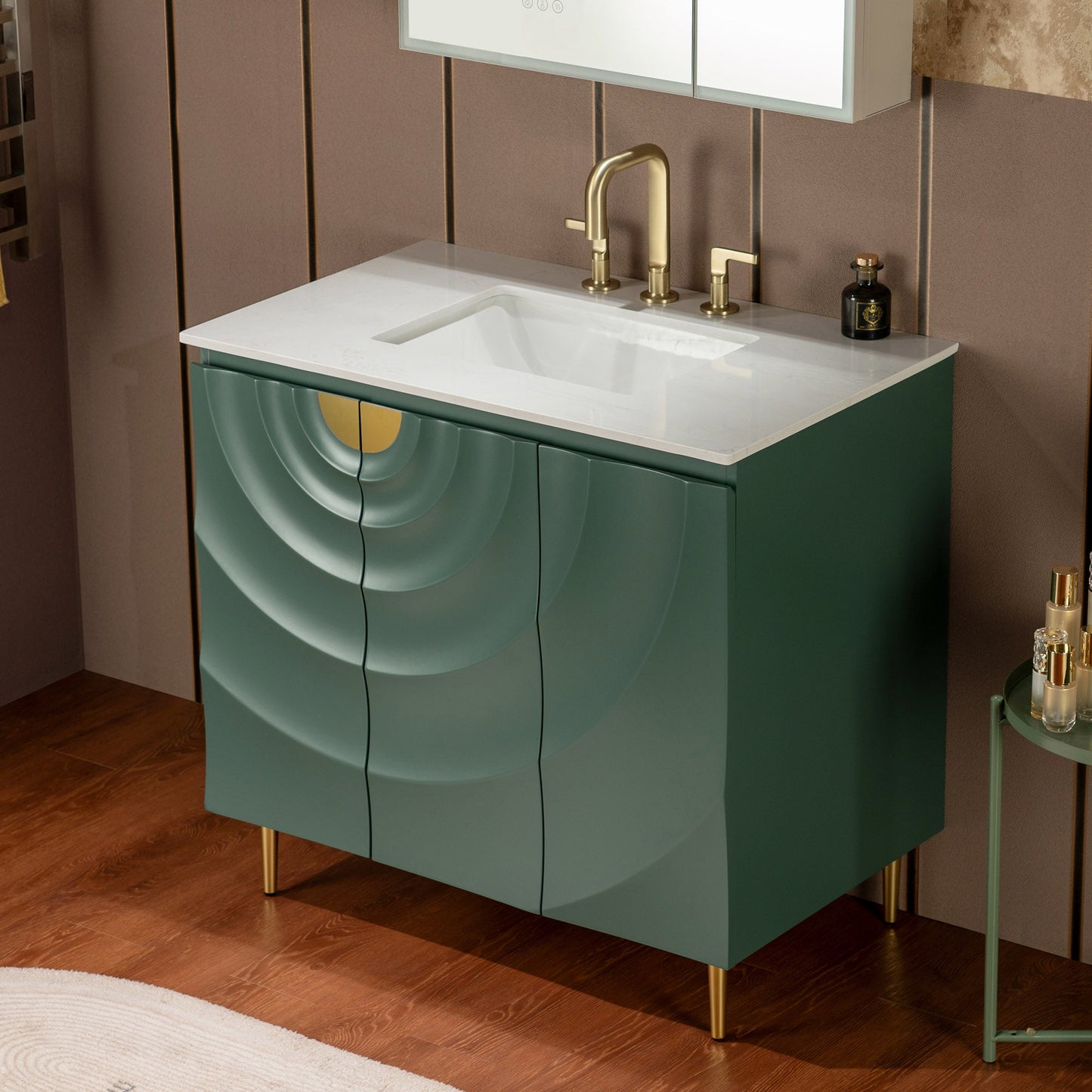 WOODBRIDGE 36"X22" Bathroom Vanity in Green with Single Ceramic Undermount Sink, White Engineered Stone Vanity Top– 3D Wave Pattern Doors, Sleek Thin-Leg Frame, Space-Saving for Modern Living