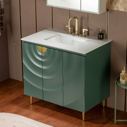 WOODBRIDGE 36"X22" Bathroom Vanity in Green with Single Ceramic Undermount Sink, White Engineered Stone Vanity Top– 3D Wave Pattern Doors, Sleek Thin-Leg Frame, Space-Saving for Modern Living