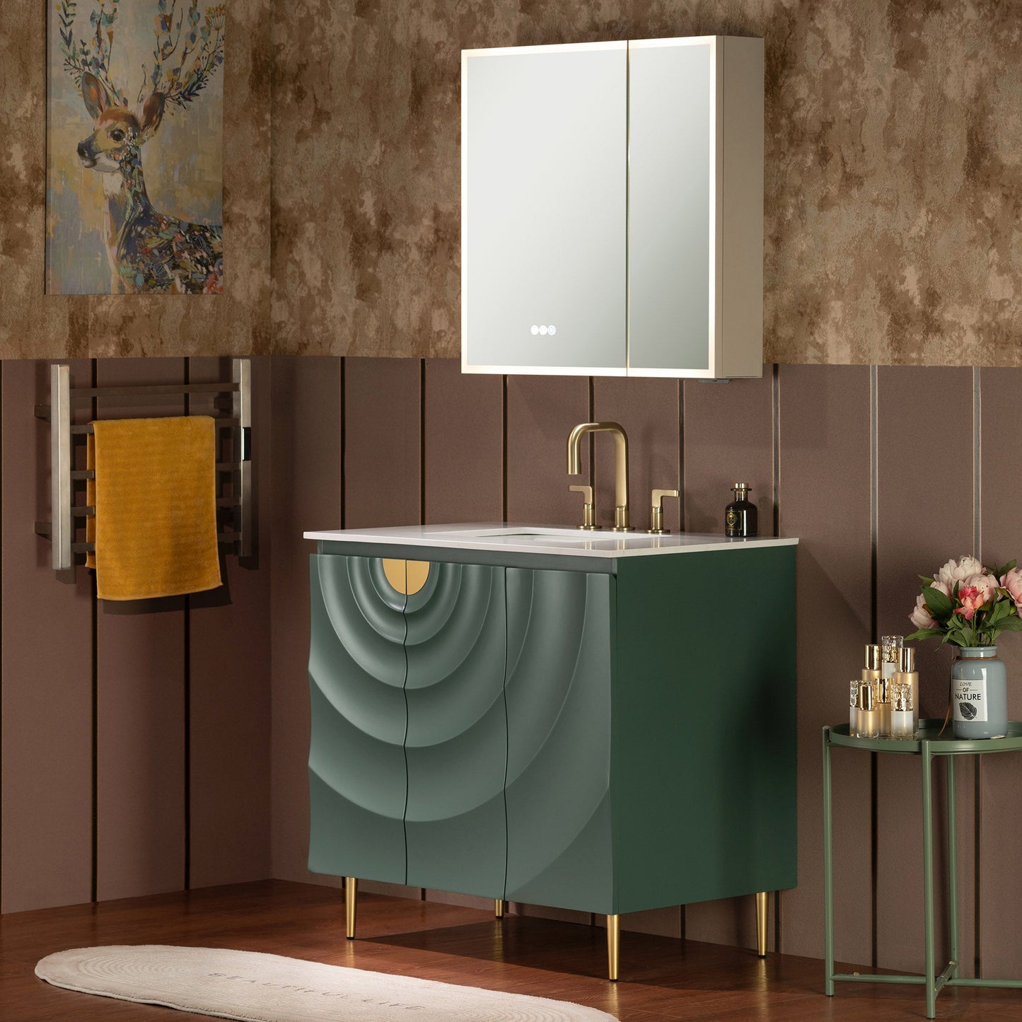WOODBRIDGE 36"X22" Bathroom Vanity in Green with Single Ceramic Undermount Sink, White Engineered Stone Vanity Top– 3D Wave Pattern Doors, Sleek Thin-Leg Frame, Space-Saving for Modern Living