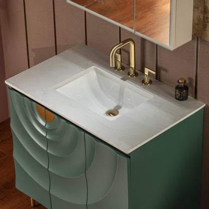WOODBRIDGE 36"X22" Bathroom Vanity in Green with Single Ceramic Undermount Sink, White Engineered Stone Vanity Top– 3D Wave Pattern Doors, Sleek Thin-Leg Frame, Space-Saving for Modern Living