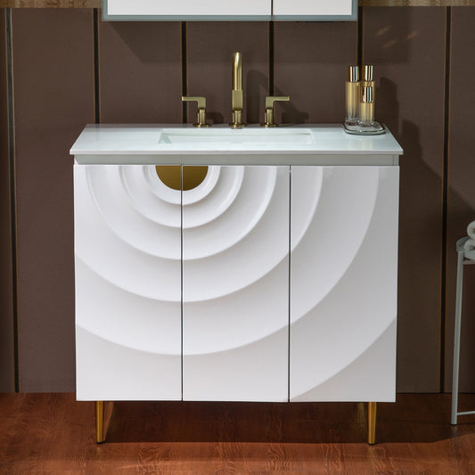 WOODBRIDGE 36"X22" Bathroom Vanity in White with Single Ceramic Undermount Sink, White Engineered Stone Vanity Top– 3D Wave Pattern Doors, Sleek Thin-Leg Frame, Space-Saving for Modern Living