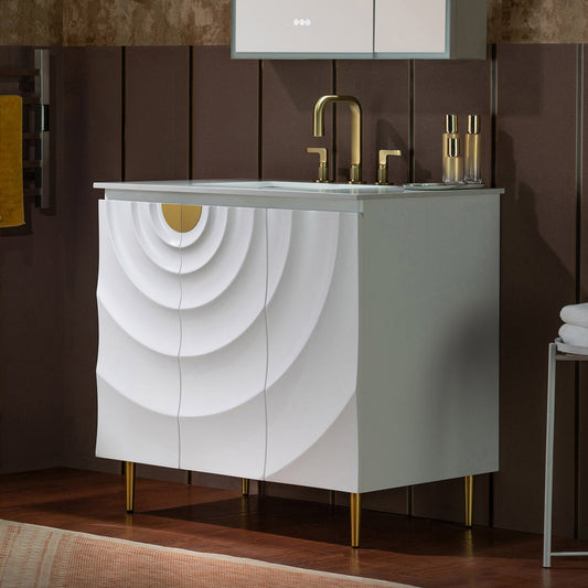 WOODBRIDGE 36"X22" Bathroom Vanity in White with Single Ceramic Undermount Sink, White Engineered Stone Vanity Top– 3D Wave Pattern Doors, Sleek Thin-Leg Frame, Space-Saving for Modern Living