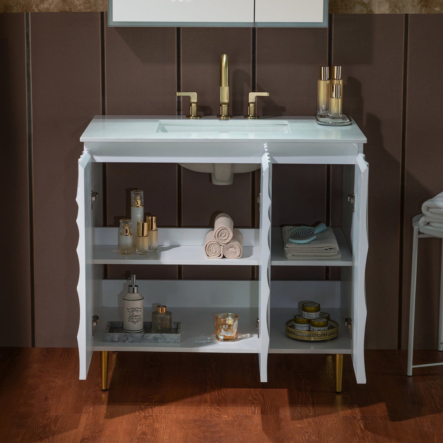 WOODBRIDGE 36"X22" Bathroom Vanity in White with Single Ceramic Undermount Sink, White Engineered Stone Vanity Top– 3D Wave Pattern Doors, Sleek Thin-Leg Frame, Space-Saving for Modern Living