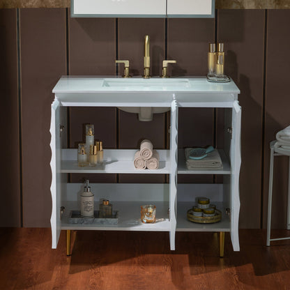WOODBRIDGE 36"X22" Bathroom Vanity in White with Single Ceramic Undermount Sink, White Engineered Stone Vanity Top– 3D Wave Pattern Doors, Sleek Thin-Leg Frame, Space-Saving for Modern Living
