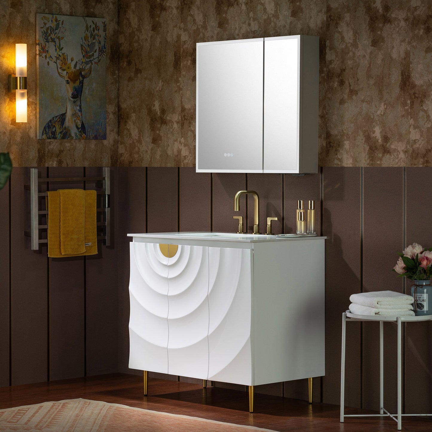 WOODBRIDGE 36"X22" Bathroom Vanity in White with Single Ceramic Undermount Sink, White Engineered Stone Vanity Top– 3D Wave Pattern Doors, Sleek Thin-Leg Frame, Space-Saving for Modern Living