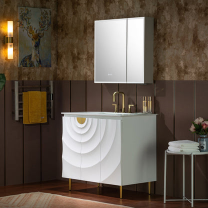 WOODBRIDGE 36"X22" Bathroom Vanity in White with Single Ceramic Undermount Sink, White Engineered Stone Vanity Top– 3D Wave Pattern Doors, Sleek Thin-Leg Frame, Space-Saving for Modern Living