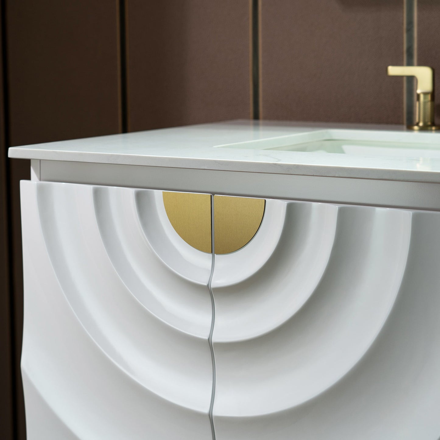 WOODBRIDGE 36"X22" Bathroom Vanity in White with Single Ceramic Undermount Sink, White Engineered Stone Vanity Top– 3D Wave Pattern Doors, Sleek Thin-Leg Frame, Space-Saving for Modern Living
