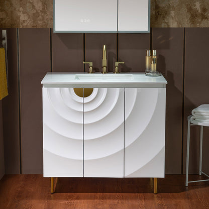 WOODBRIDGE 36"X22" Bathroom Vanity in White with Single Ceramic Undermount Sink, White Engineered Stone Vanity Top– 3D Wave Pattern Doors, Sleek Thin-Leg Frame, Space-Saving for Modern Living