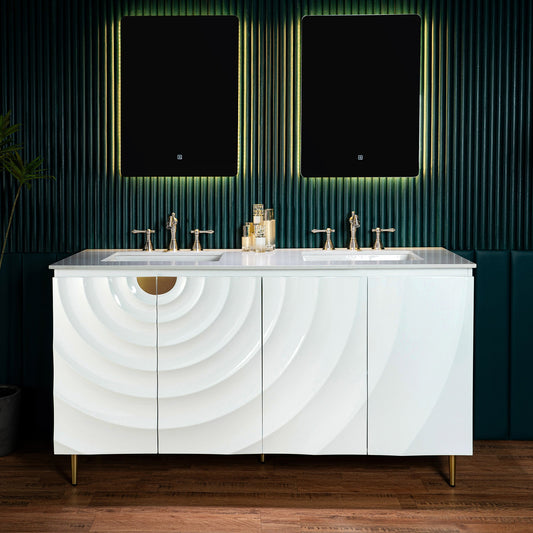 WOODBRIDGE 60"X22" Bathroom Vanity in White with Double Ceramic Undermount Sinks, White Engineered Stone Vanity Top– 3D Wave Pattern Doors, Sleek Thin-Leg Frame, Space-Saving for Modern Living