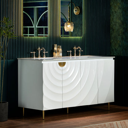 WOODBRIDGE 60"X22" Bathroom Vanity in White with Double Ceramic Undermount Sinks, White Engineered Stone Vanity Top– 3D Wave Pattern Doors, Sleek Thin-Leg Frame, Space-Saving for Modern Living