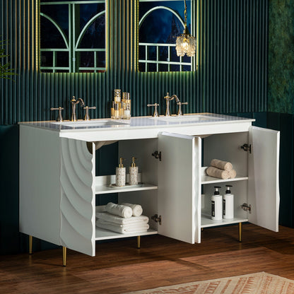 WOODBRIDGE 60"X22" Bathroom Vanity in White with Double Ceramic Undermount Sinks, White Engineered Stone Vanity Top– 3D Wave Pattern Doors, Sleek Thin-Leg Frame, Space-Saving for Modern Living