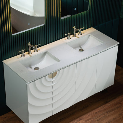 WOODBRIDGE 60"X22" Bathroom Vanity in White with Double Ceramic Undermount Sinks, White Engineered Stone Vanity Top– 3D Wave Pattern Doors, Sleek Thin-Leg Frame, Space-Saving for Modern Living