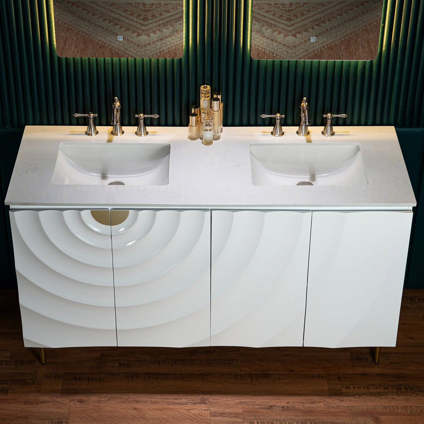 WOODBRIDGE 60"X22" Bathroom Vanity in White with Double Ceramic Undermount Sinks, White Engineered Stone Vanity Top– 3D Wave Pattern Doors, Sleek Thin-Leg Frame, Space-Saving for Modern Living